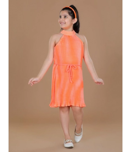 Generic Girl's Polyester Crepe Printed Sleeveless Round Neck Dress (Orange)