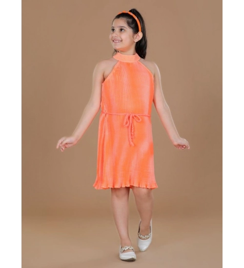 Generic Girl's Polyester Crepe Printed Sleeveless Round Neck Dress (Orange)