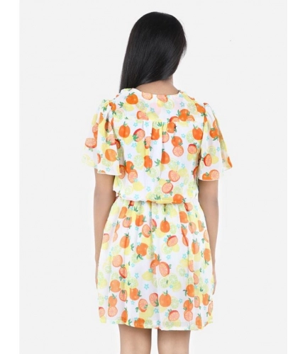 Generic Girl's Polyester Printed Short Sleeve V-Neck Dress (Yellow-Orange) Generic Girl's Polyester Printed Short Sleeve V-Neck Dress (Yellow-Orange)