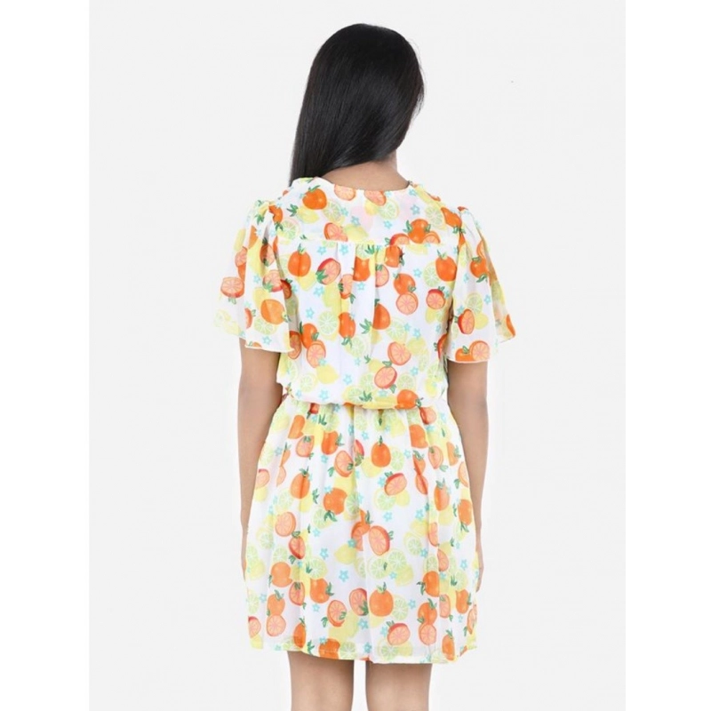 Girl's Polyester Printed Short Sleeve V-Neck Dress (Yellow-Orange)