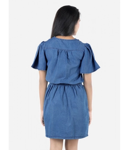 Generic Girl's Denim Solid Short Sleeve V-Neck Dress (Blue) Generic Girl's Denim Solid Short Sleeve V-Neck Dress (Blue)