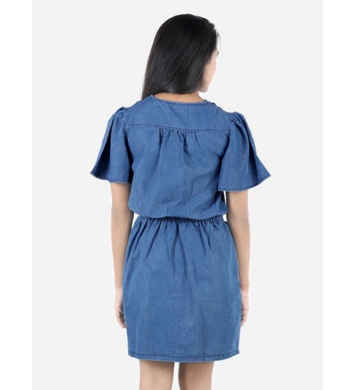 Generic Girl's Denim Solid Short Sleeve V-Neck Dress (Blue)