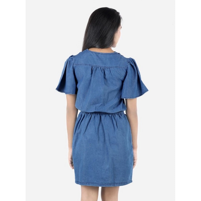 Girl's Denim Solid Short Sleeve V-Neck Dress (Blue)