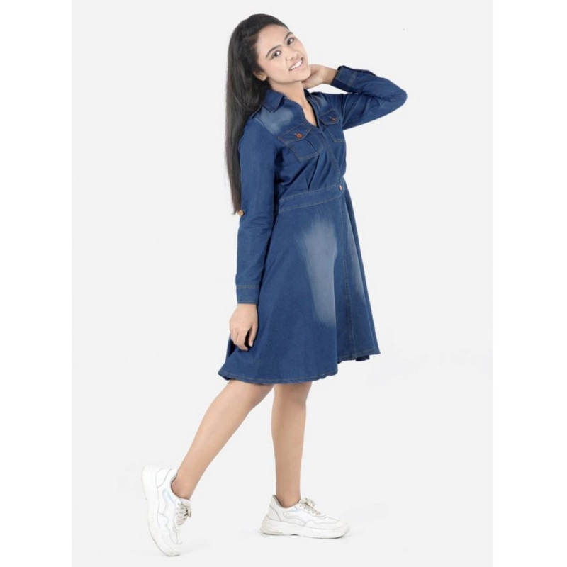 Girl's Denim Solid Long Sleeve Shirt collar Dress (Blue) Girl's Denim Solid Long Sleeve Shirt collar Dress (Blue)