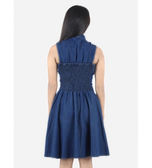 Generic Girl's Denim Solid Sleeveless Shirt collar Dress (Blue)