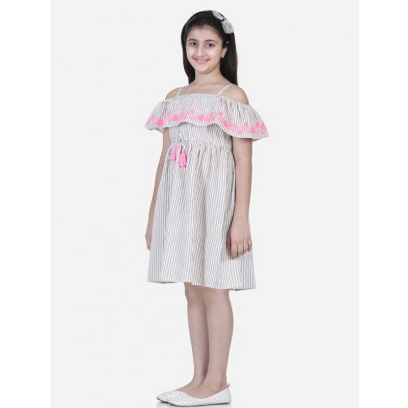 Girl's Cotton Printed Sleeveless Shoulder Straps Dress (Beige-Pink)