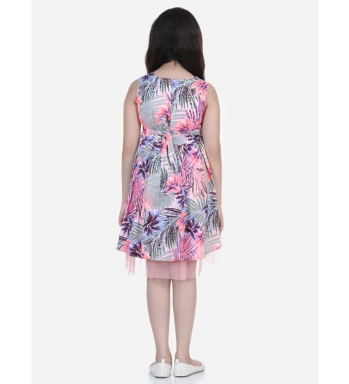 Generic Girl's Polyester Crepe  Net Printed Sleeveless Round Neck Dress (Pink-Blue)