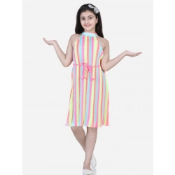 Generic Girl's Polyester Crepe Striped Sleeveless Round Neck Dress (Multicolor)