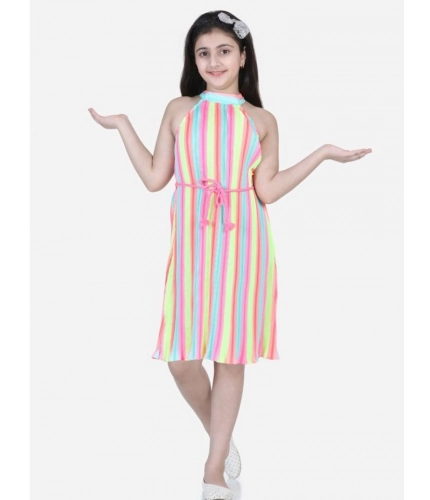 Generic Girl's Polyester Crepe Striped Sleeveless Round Neck Dress (Multicolor)