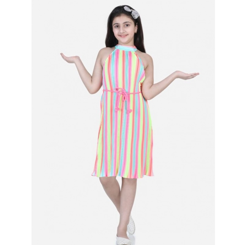 Girl's Polyester Crepe Striped Sleeveless Round Neck Dress (Multicolor)