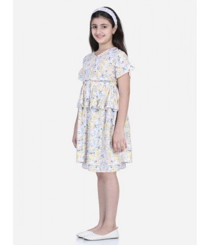 Generic Girl's Rayon Floral Printed Short Sleeve V-Neck Dress (Multicolor)