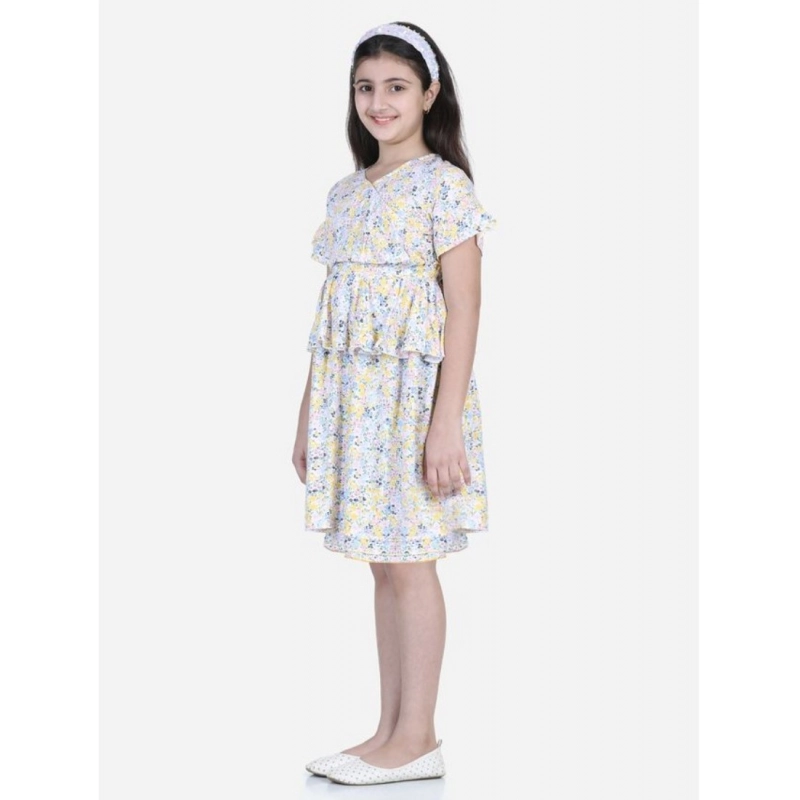 Girl's Rayon Floral Printed Short Sleeve V-Neck Dress (Multicolor)