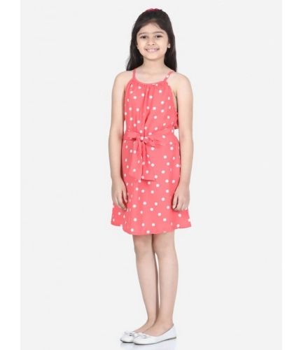 Generic Girl's Polyester Printed Short Sleeve Round Neck Dress (Orange)