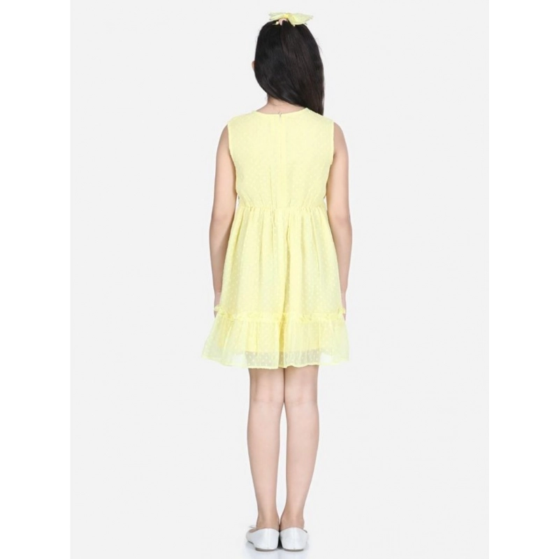 Girl's Polyester Dobby Floral Printed Sleeveless Round Neck Dress (Yellow)