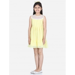 Generic Girl's Polyester Dobby Floral Printed Sleeveless Round Neck Dress (Yellow)