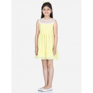 Generic Girl's Polyester Dobby Floral Printed Sleeveless Round Neck Dress (Yellow)