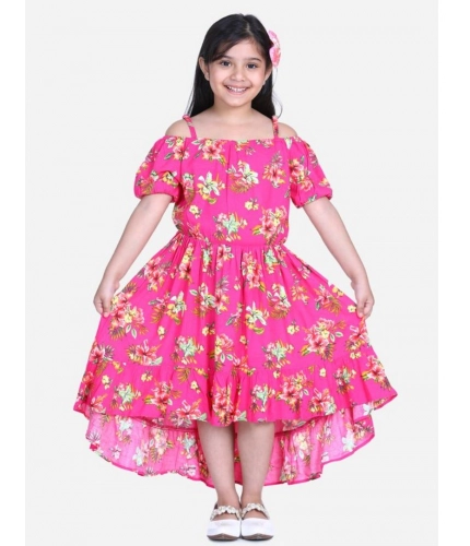 Generic Girl's Rayon Solid Short Sleeve Shoulder Straps Dress (Pink)