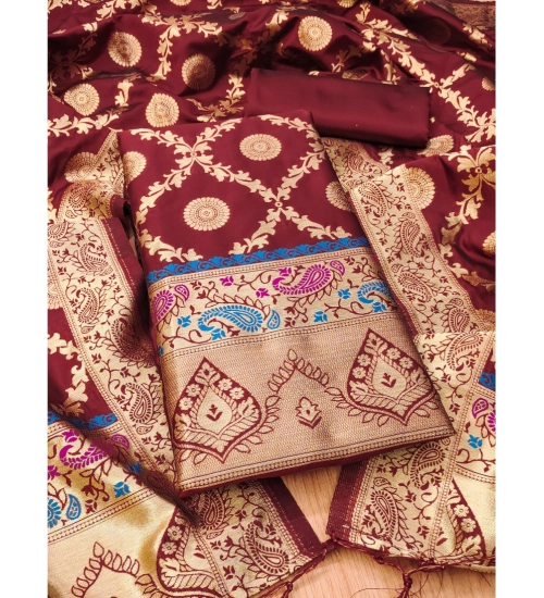 Generic Women's Banarasi Silk Printed Unstitched Salwar Suit Material With Dupatta (Maroon, 3Mtrs)
