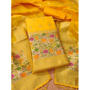 Generic Women's Banarasi Silk Printed Unstitched Salwar Suit Material With Dupatta (Yellow, 3Mtrs)