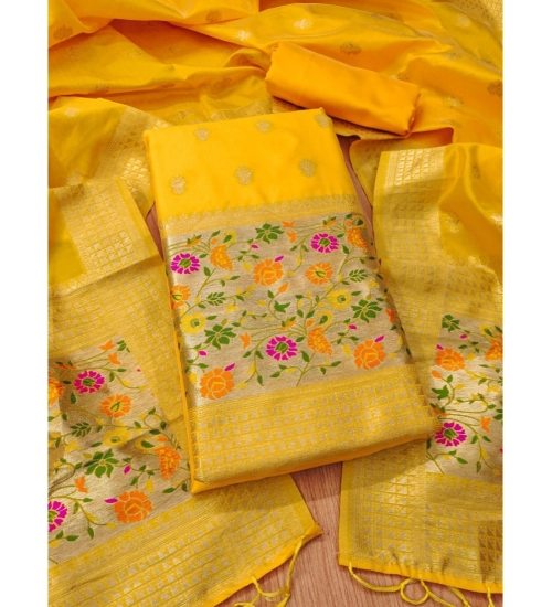 Generic Women's Banarasi Silk Printed Unstitched Salwar Suit Material With Dupatta (Yellow, 3Mtrs)