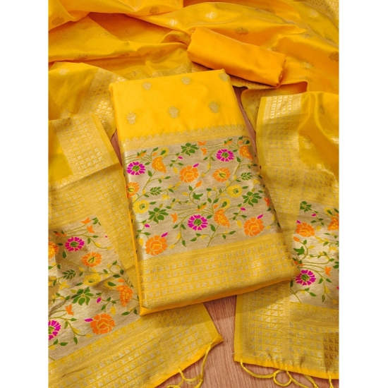 Generic Women's Banarasi Silk Printed Unstitched Salwar Suit Material With Dupatta (Yellow, 3Mtrs)