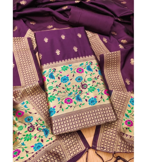 Generic Women's Banarasi Silk Printed Unstitched Salwar Suit Material With Dupatta (Wine, 3Mtrs)