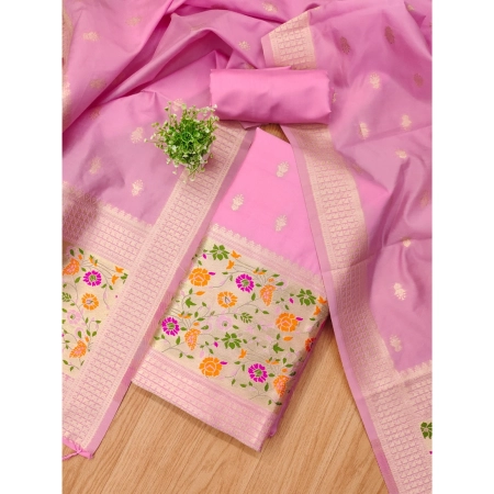 Generic Women's Banarasi Silk Printed Unstitched Salwar Suit Material With Dupatta (Light Pink, 3Mtrs)