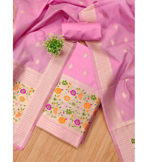 Generic Women's Banarasi Silk Printed Unstitched Salwar Suit Material With Dupatta (Light Pink, 3Mtrs)