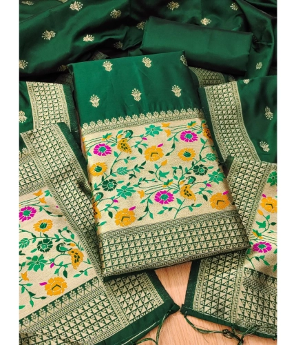 Generic Women's Banarasi Silk Printed Unstitched Salwar Suit Material With Dupatta (Bottle Green, 3Mtrs)
