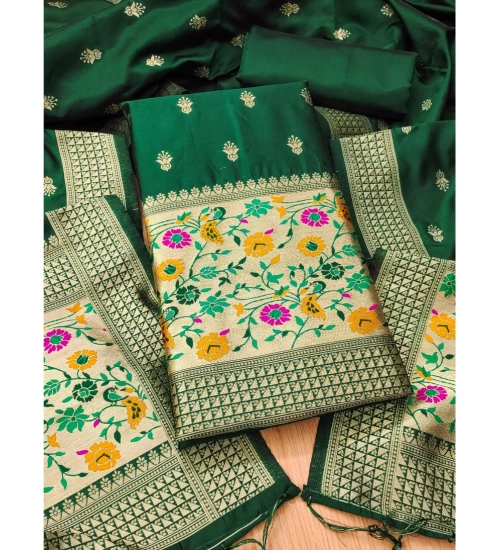 Generic Women's Banarasi Silk Printed Unstitched Salwar Suit Material With Dupatta (Bottle Green, 3Mtrs)