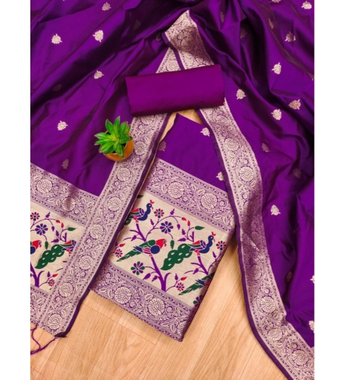 Generic Women's Banarasi Silk Printed Unstitched Salwar Suit Material With Dupatta (Purple, 3Mtrs)