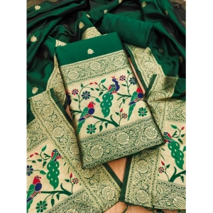 Generic Women's Banarasi Silk Printed Unstitched Salwar Suit Material With Dupatta (Bottle Green, 3Mtrs)