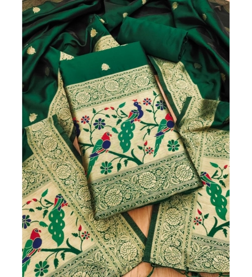 Generic Women's Banarasi Silk Printed Unstitched Salwar Suit Material With Dupatta (Bottle Green, 3Mtrs)