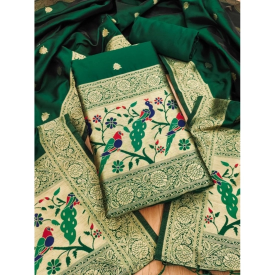 Generic Women's Banarasi Silk Printed Unstitched Salwar Suit Material With Dupatta (Bottle Green, 3Mtrs)