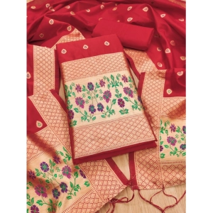 Generic Women's Banarasi Silk Printed Unstitched Salwar Suit Material With Dupatta (Red, 3Mtrs)