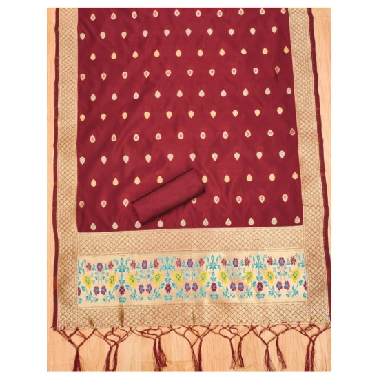 Generic Women's Banarasi Silk Printed Unstitched Salwar Suit Material With Dupatta (Maroon, 3Mtrs)