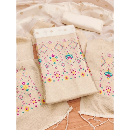 Generic Women's Banarasi Silk Printed Unstitched Salwar Suit Material With Dupatta (White, 3Mtrs)