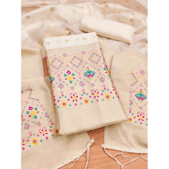 Generic Women's Banarasi Silk Printed Unstitched Salwar Suit Material With Dupatta (White, 3Mtrs)