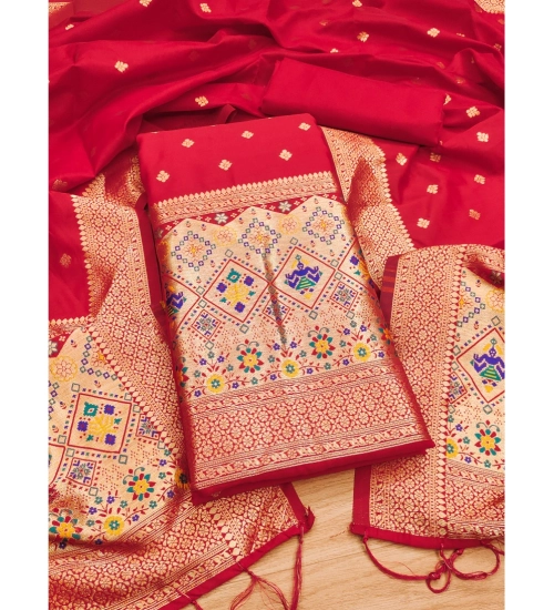 Generic Women's Banarasi Silk Printed Unstitched Salwar Suit Material With Dupatta (Red, 3Mtrs)