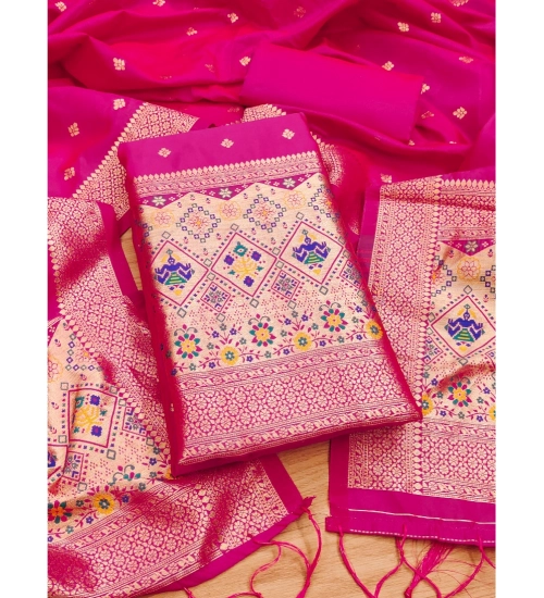 Generic Women's Banarasi Silk Printed Unstitched Salwar Suit Material With Dupatta (Pink, 3Mtrs)