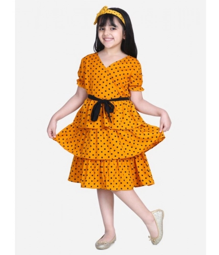 Generic Girl's Polyester Crepe Printed Puff V-Neck Dress (Orange)