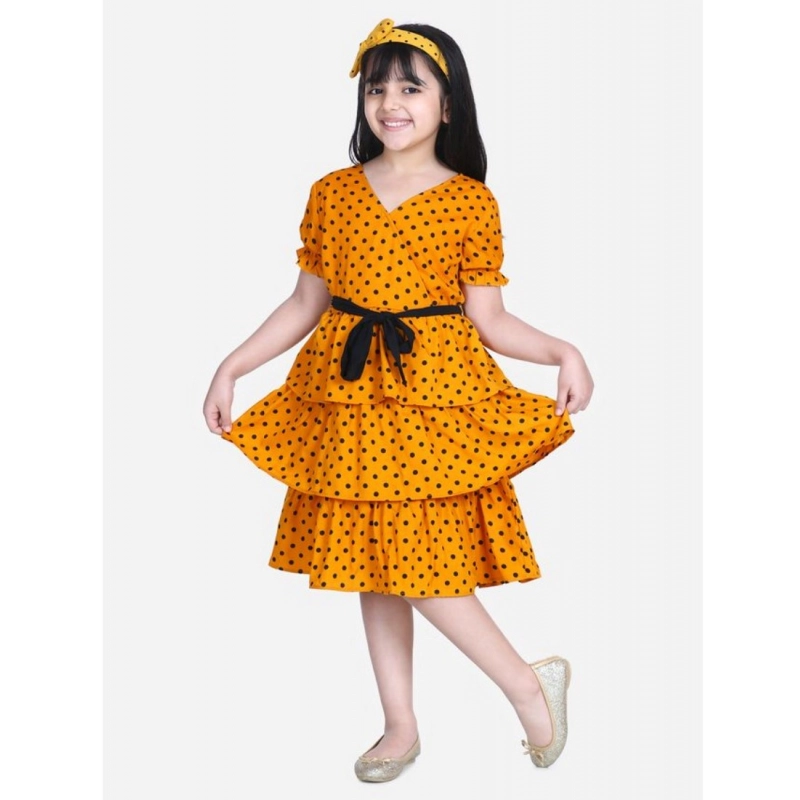 Girl's Polyester Crepe Printed Puff V-Neck Dress (Orange)