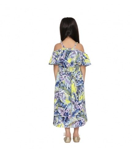 Generic Girl's Polyester Moss Printed Off Shoulder Straps Dress (Blue) Generic Girl's Polyester Moss Printed Off Shoulder Straps Dress (Blue)