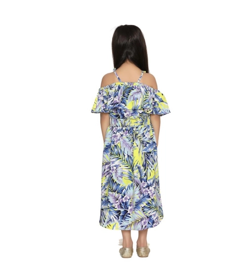 Generic Girl's Polyester Moss Printed Off Shoulder Straps Dress (Blue)