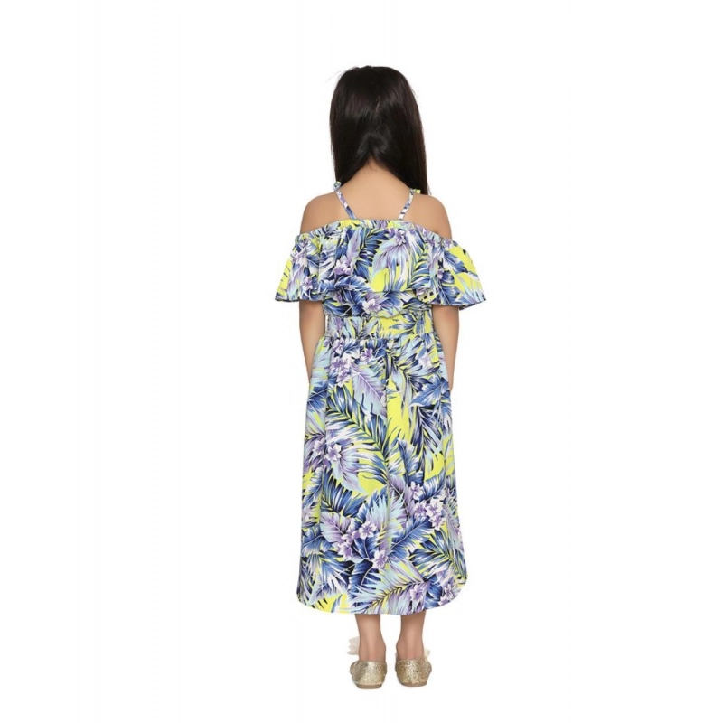 Girl's Polyester Moss Printed Off Shoulder Straps Dress (Blue)