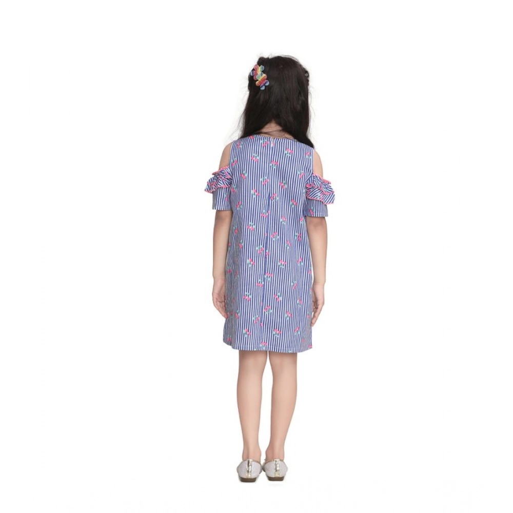 Generic Girl's Cotton Striped Cold Shoulder Round Neck Dress (Blue) Generic Girl's Cotton Striped Cold Shoulder Round Neck Dress (Blue)