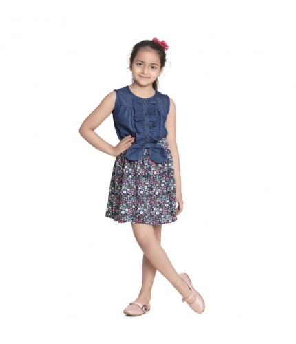 Generic Girl's Denim-Rayon Floral Printed Sleeveless Round Neck Dress (Navy Blue)