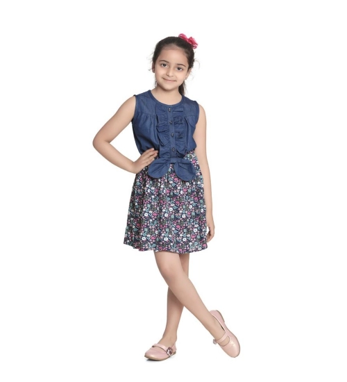 Generic Girl's Denim-Rayon Floral Printed Sleeveless Round Neck Dress (Navy Blue)
