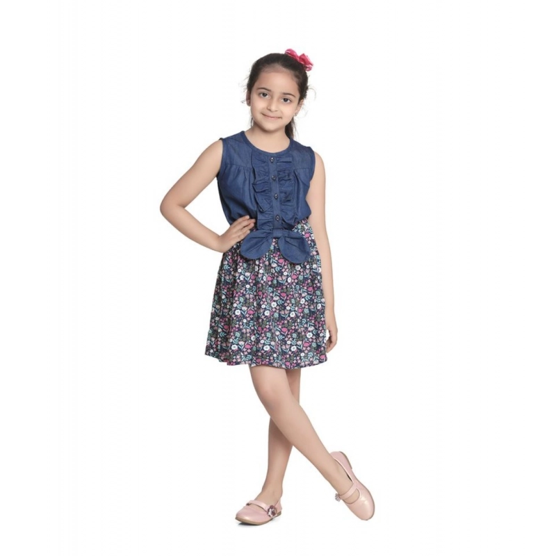 Girl's Denim-Rayon Floral Printed Sleeveless Round Neck Dress (Navy Blue)