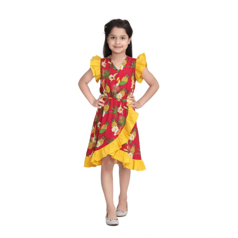 Generic Girl's Cotton Printed Cold Shoulder V-Neck Dress (Pink) Generic Girl's Cotton Printed Cold Shoulder V-Neck Dress (Pink)